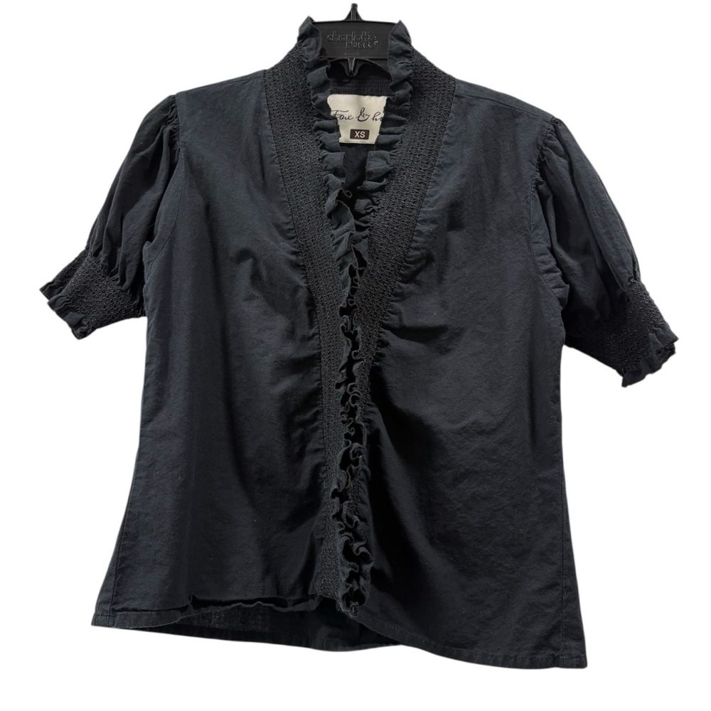 Fox & Hen Black Ruffle Trim Snap Front Blouse Top Size XS